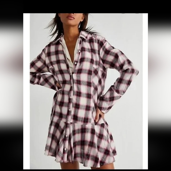 Free People All For You Plaid Mini Shirt Dress, Red IvorySize Small Buttondown - Picture 1 of 5